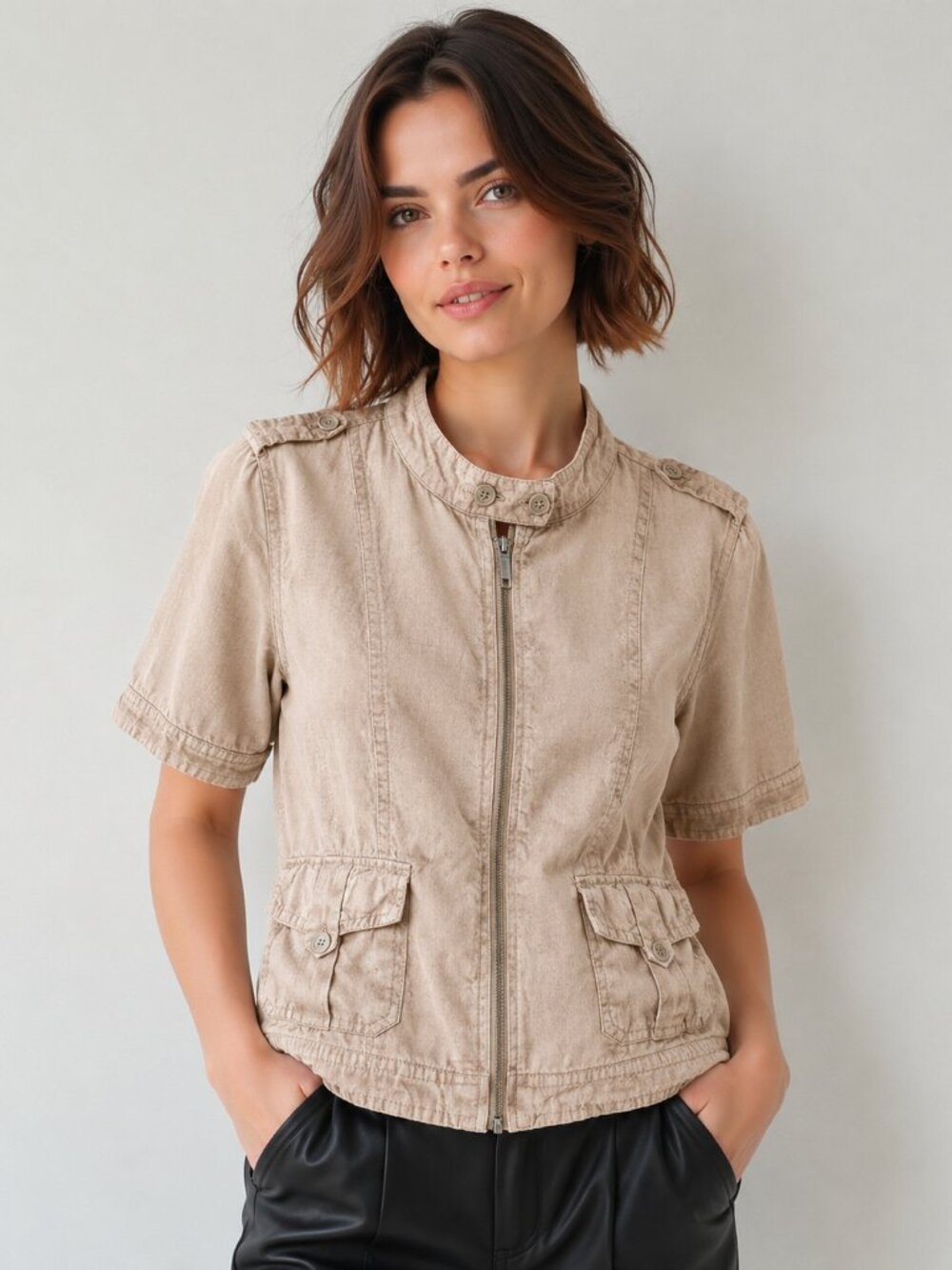 Olsen Europe linen, utility short sleeve zip jacket